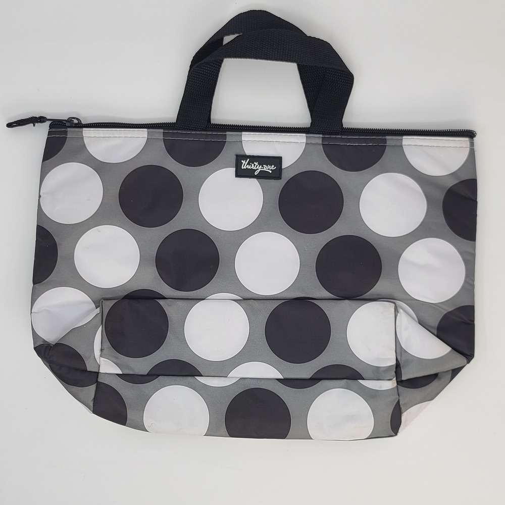 Thirty-One Thermal Tote Lunch Bag Grey Black White Polka Dot  14"x10"